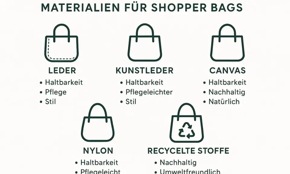 Materialien für Shopper Bags: Leder, Kunstleder, Canvas, Nylon und recycelte Stoffe. Was ist eine tote bag? Eine tote bag ist eine vielseitige Tasche aus diesen Materialien.
