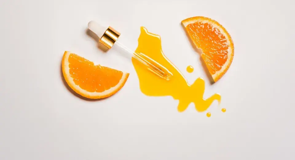 Ein Pipettenfläschchen mit goldenem Detail tropft ein leuchtendes Vitamin C Serum auf eine weiße Fläche, flankiert von zwei saftigen Orangenscheiben. Morgens oder abends für strahlende Haut.