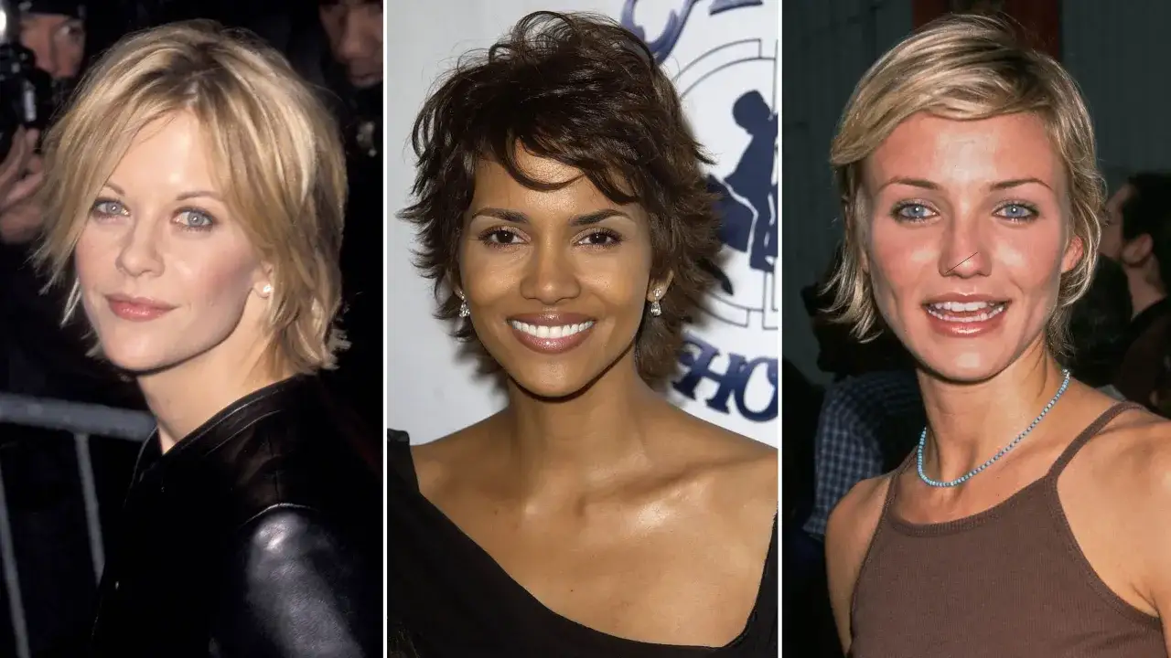 Drei Frauen mit einer Frisur zwischen Pixie und Bob: Meg Ryan, Halle Berry und Cameron Diaz.
