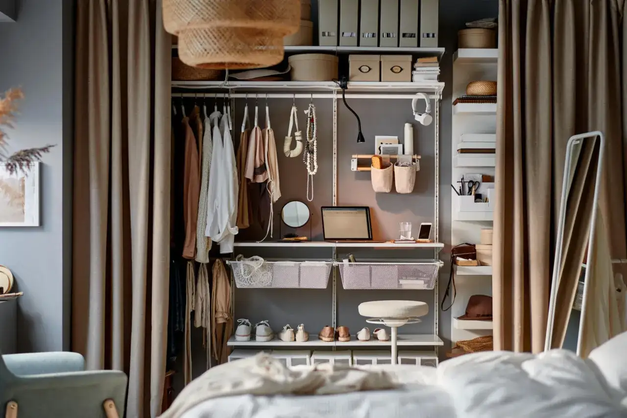 Clever schlafzimmer 10 qm einrichten: Offener Kleiderschrank mit Kleidung, Schuhen, K&ouml;rben und Accessoires, daneben ein Bett.