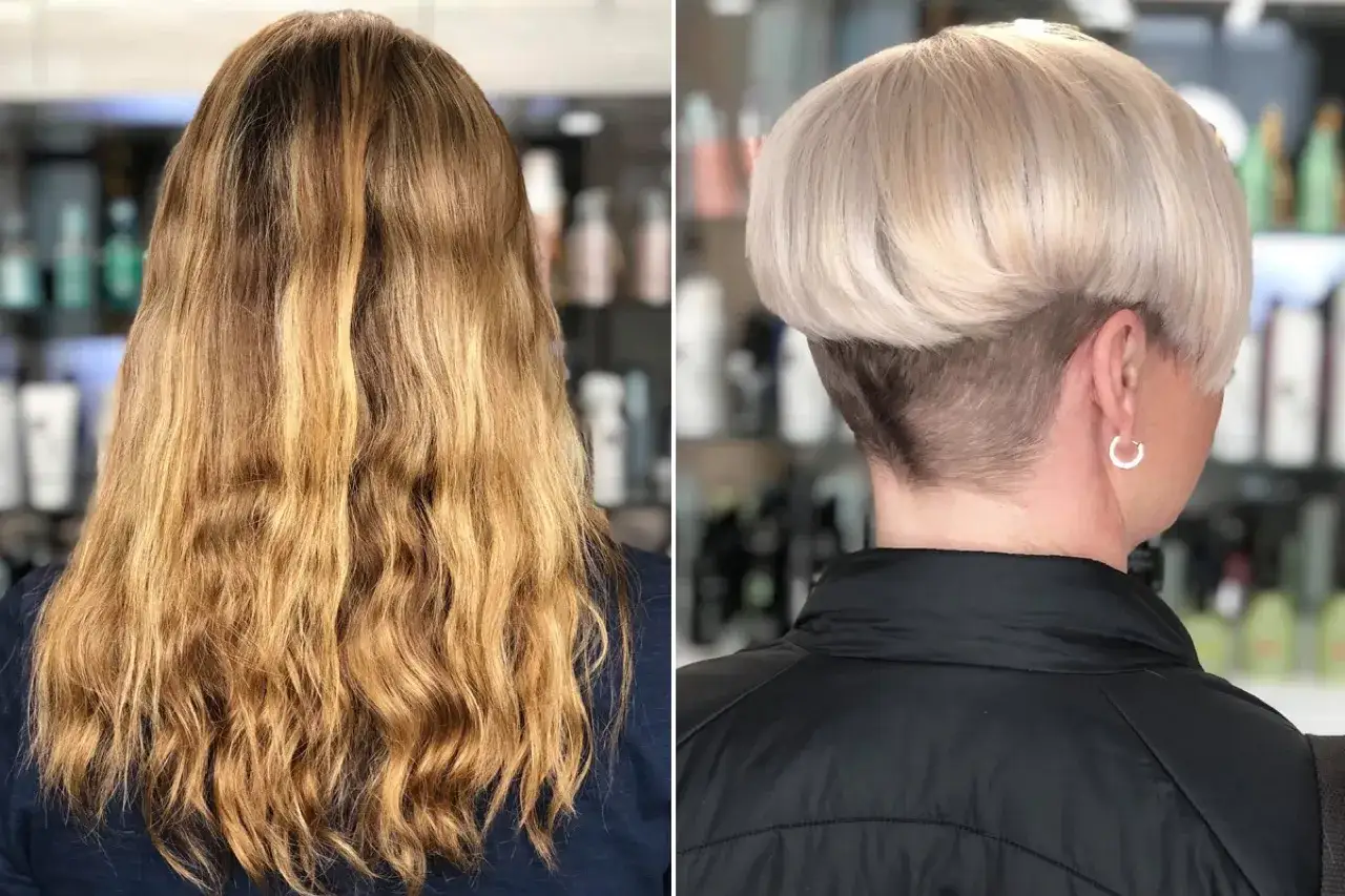 Vorher/Nachher-Vergleich: Langes, blondes Haar wird zu einem modernen, kurzen Bob mit undercut.