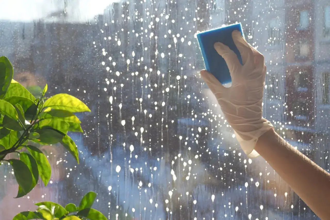 Eine Hand mit Handschuh putzt mit einem blauen Schwamm das Fenster. Tropfen von Reinigungsmittel bilden Muster auf der Scheibe.