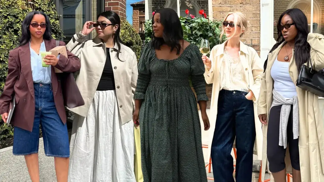 F&uuml;nf Frauen zeigen Outfits, die man bei 20 Grad anziehen kann: von l&auml;ssigen Jeansshorts bis zum eleganten Kleid.