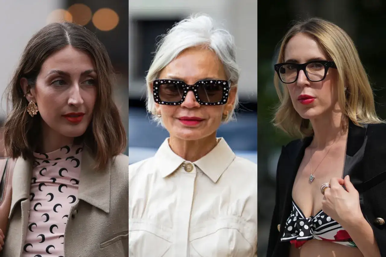 Drei Frauen mit stilvollen, gestuften Frisuren. Die mittlere Dame tr&auml;gt eine auff&auml;llige Brille, die gut zu ihren gestuften Frisuren ab 50 passt.