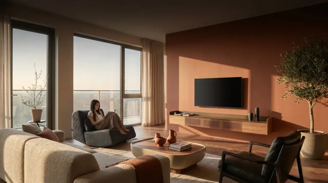 Gemütliches interior wohnzimmer mit Frau auf Sessel, Sofa, Couchtisch, TV und Fenster.