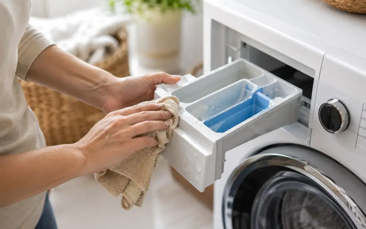 H&auml;nde reinigen das Waschmittelfach, um zu verhindern, dass die Waschmaschine stinkt.