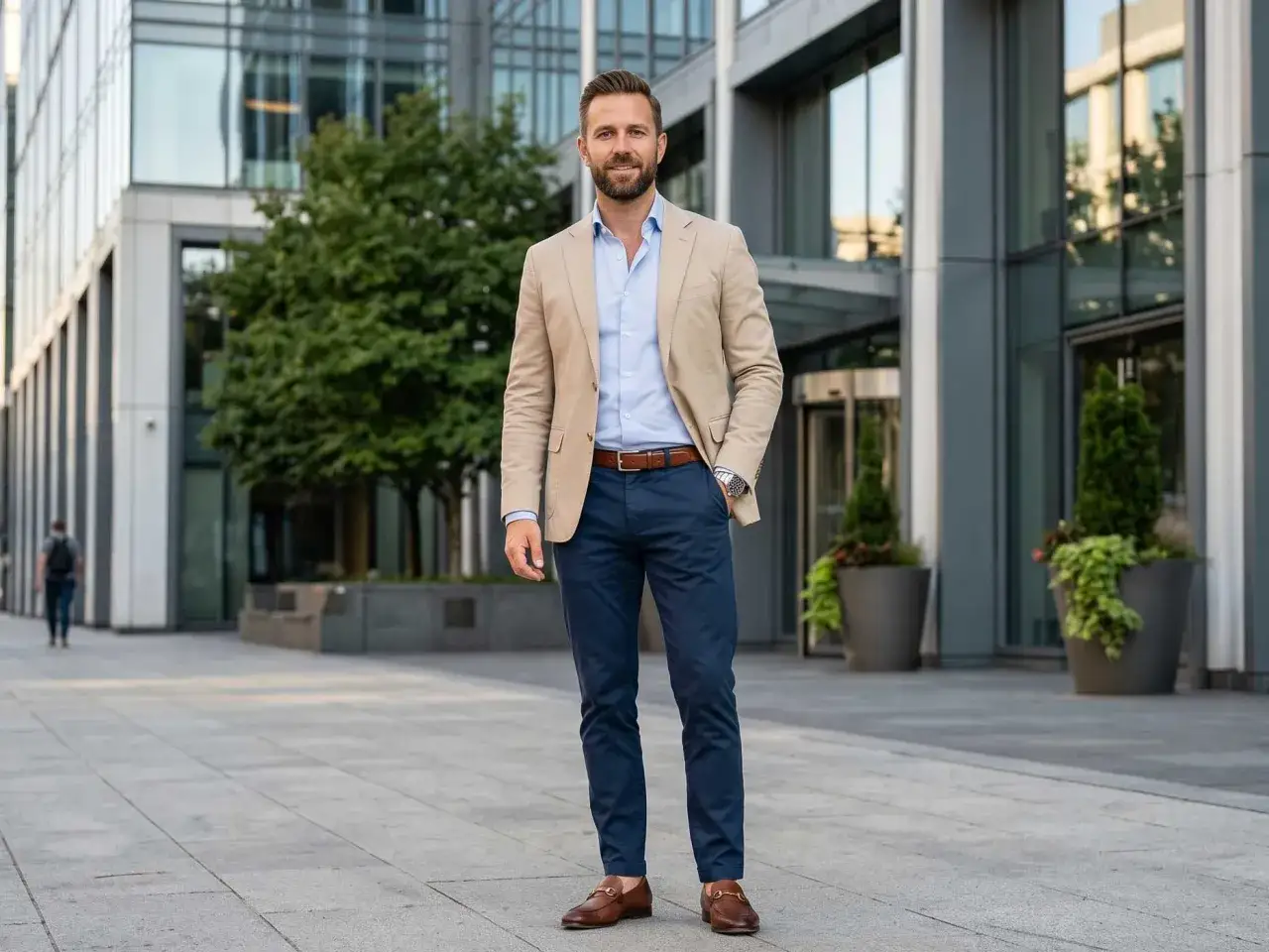 Mann in beige Sakko, hellblauem Hemd und dunkelblauer Hose. Ein brauner G&uuml;rtel und braune Loafer passen perfekt zu dieser Kombination.