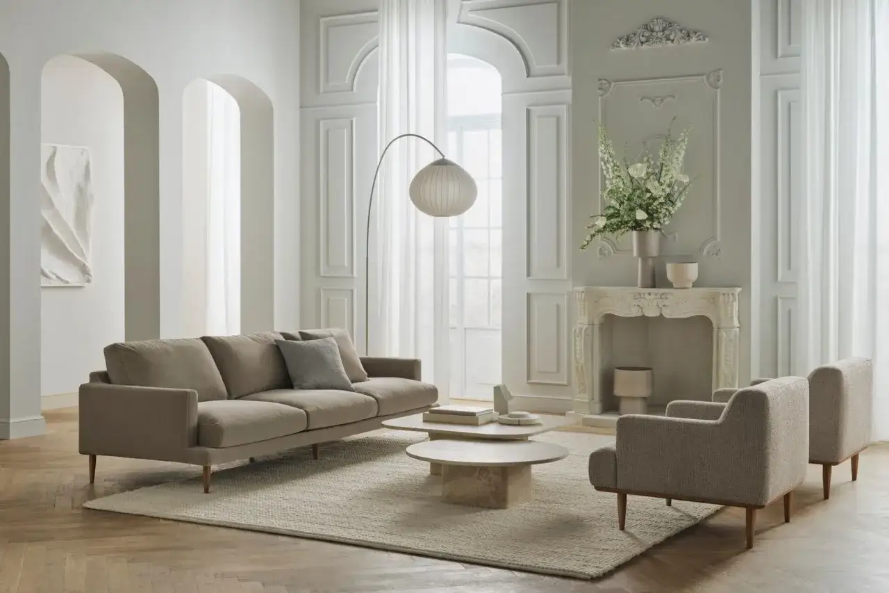 Ein helles, minimalistisches Wohnzimmer mit beigem Sofa, zwei Sesseln, runden Couchtischen und einem Bogenlampenschirm.