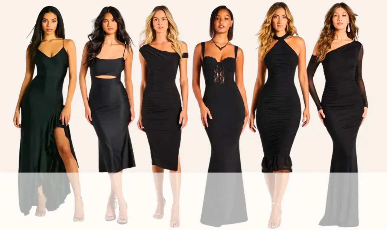 Sechs Frauen in eleganten, schwarzen Kleidern, bereit f&uuml;r eine Hochzeit. Verschiedene Schnitte und Details, von figurbetont bis flie&szlig;end.