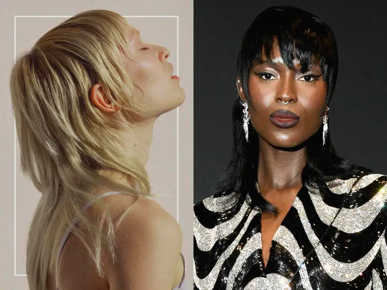 Zwei Frauen mit einem modernen shag cut: eine mit blonden Haaren im Profil, die andere mit schwarzen Haaren und auffälligem Make-up.
