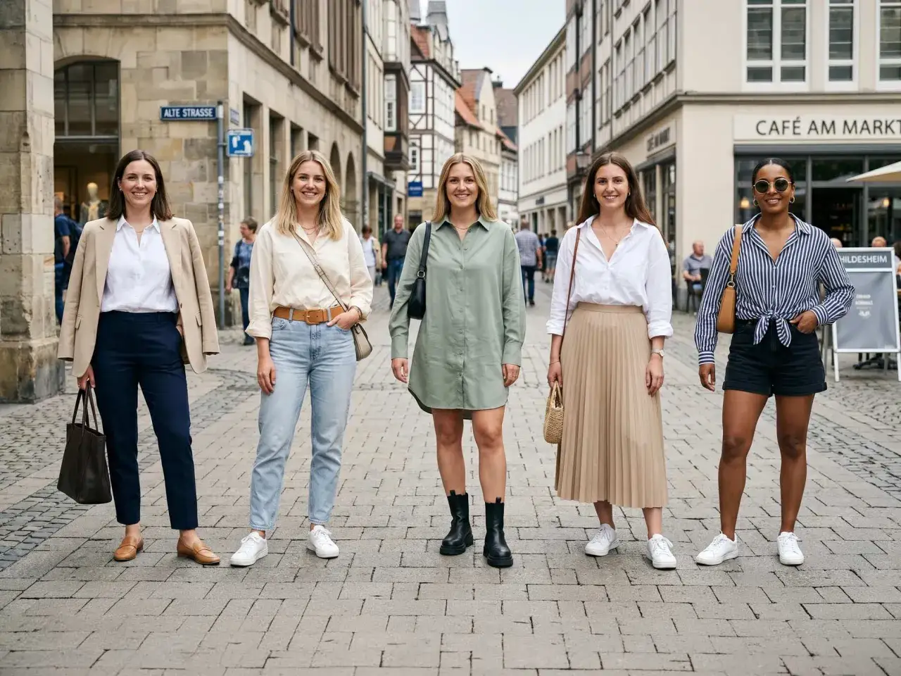 Fünf Frauen in einer Gasse, die zeigen, wie man eine oversize Bluse stylen kann: lässig mit Jeans, elegant mit Rock oder schick mit Hose.