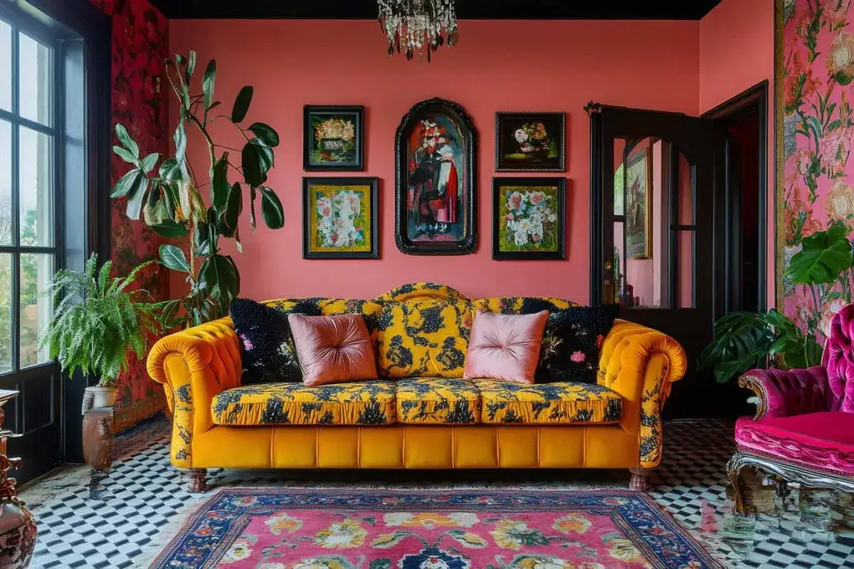 Ein Wohnzimmer im maximalistischen Stil mit einem gelben Sofa, bunten Tapeten, vielen Bildern und Pflanzen.