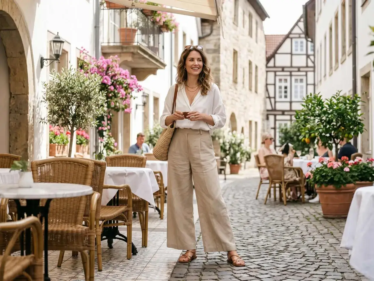 Eine Frau in beiger Leinenhose und wei&szlig;er Bluse genie&szlig;t die Atmosph&auml;re eines Caf&eacute;s in einer malerischen Gasse. Perfekt, um Leinenhose zu kombinieren.