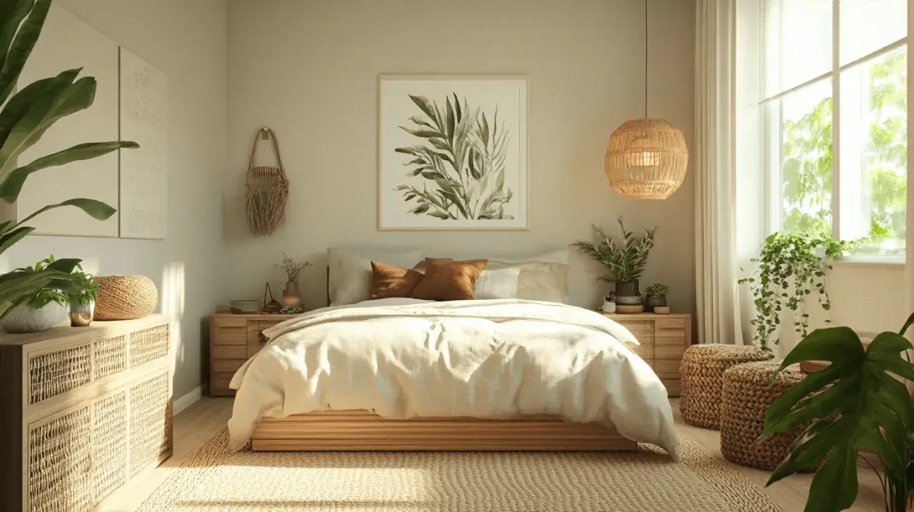 Gem&uuml;tliches Schlafzimmer mit viel Holz und Pflanzen, das eine harmonische Feng Shui Wohnung ausstrahlt.