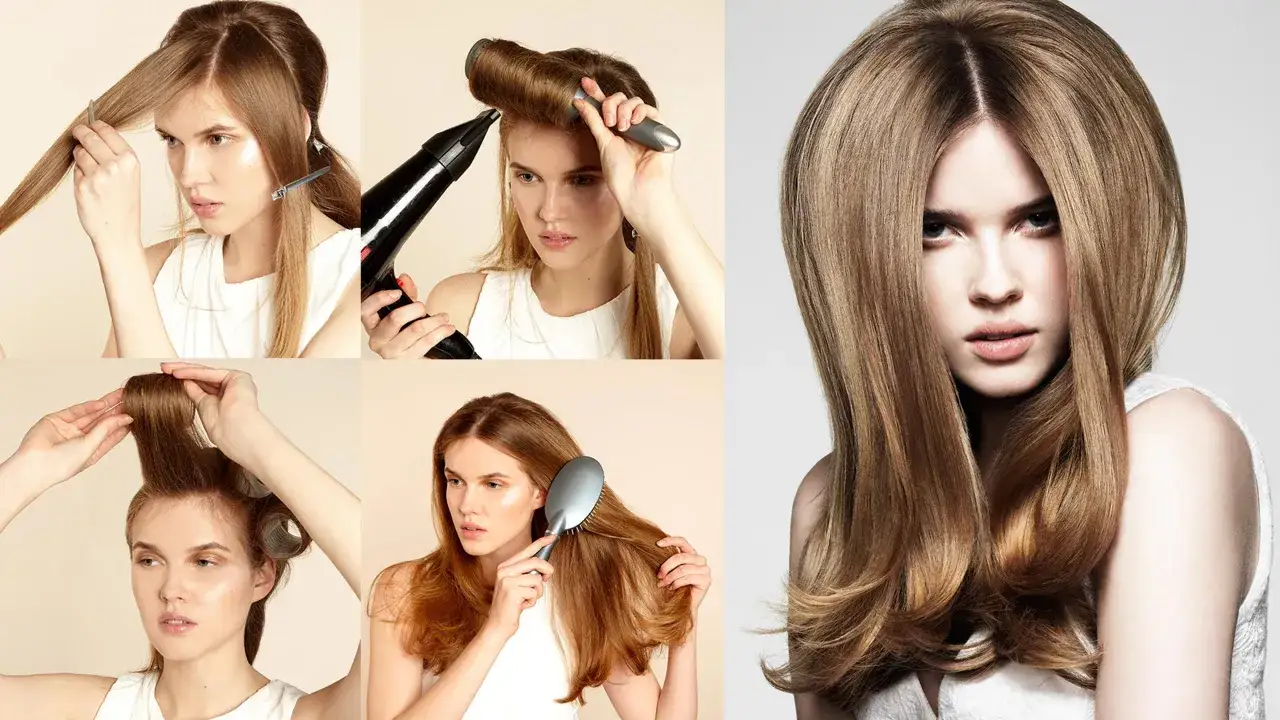 Schritt-für-Schritt-Anleitung für eine voluminöse blowout frisur: Haare abteilen, föhnen, mit Rollen formen und bürsten für glänzendes Haar.