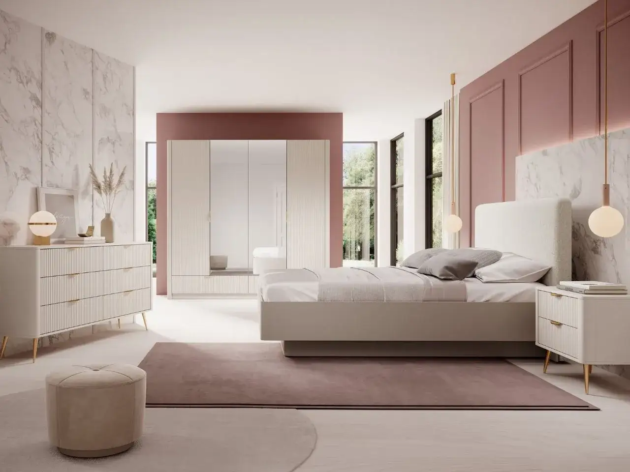 Elegantes Schlafzimmer in Beige-Tönen mit Marmorakzenten und moderner Möblierung. Tolle Schlafzimmer beige Ideen für ein stilvolles Ambiente.