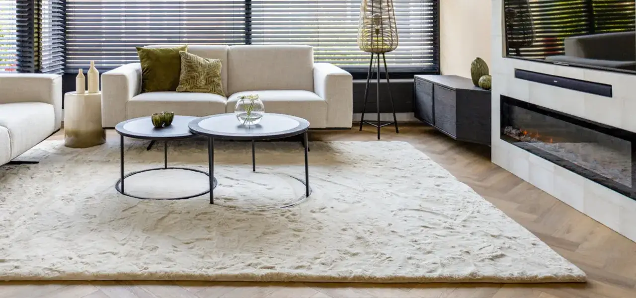 Ein heller, flauschiger Teppich im Wohnzimmer, der zum Entspannen einlädt. So machen Sie Ihren Teppich wieder flauschig.