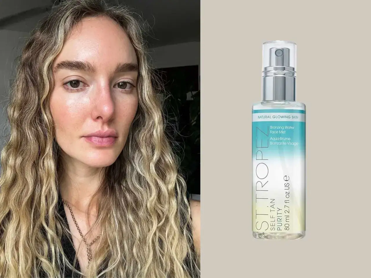 Frau mit heller Haut und St. Tropez Bronzing Water Face Mist. So werde ich braun mit heller Haut f&uuml;r einen nat&uuml;rlichen Glow.