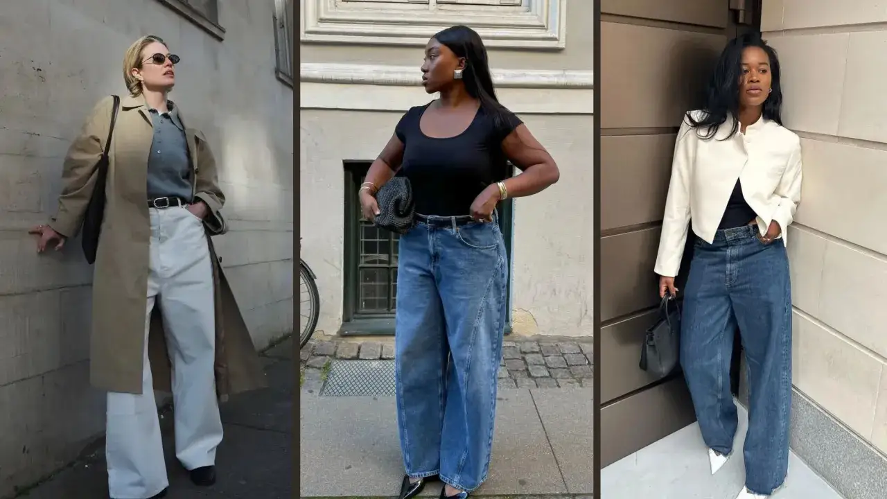 Drei Frauen zeigen, wie man wide leg jeans kombiniert: l&auml;ssig mit Trenchcoat, elegant mit Blazer oder schlicht mit schwarzem Top.