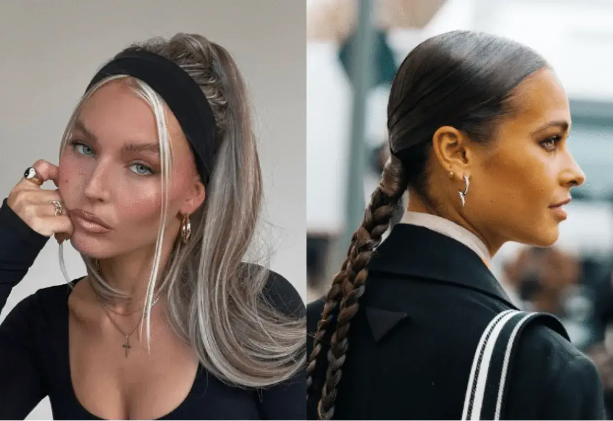 Zwei Frauen mit eleganten Frisuren, die auch bei fettigen Haaren gut aussehen: ein hoher Pferdeschwanz mit Stirnband und ein straffer Zopf.