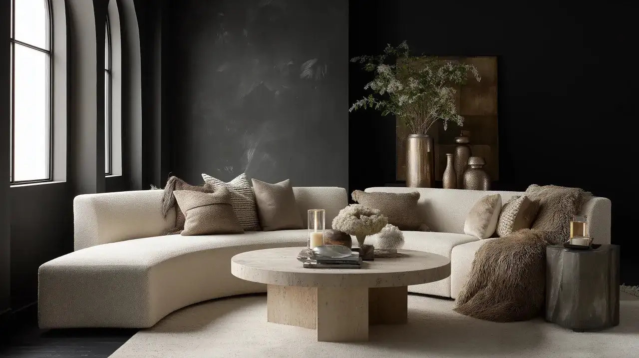 Elegante Wohnzimmerszene im midcentury stil mit geschwungener Couch, Stein-Couchtisch und dekorativen Vasen.