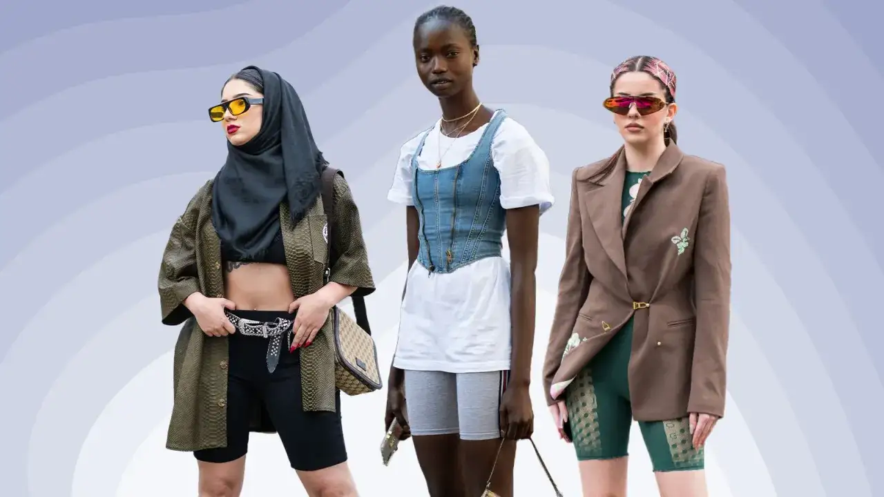 Drei Frauen zeigen, wie man Radlerhose kombinieren kann: mit Oversize-Jacke, Denim-Korsett oder Blazer.