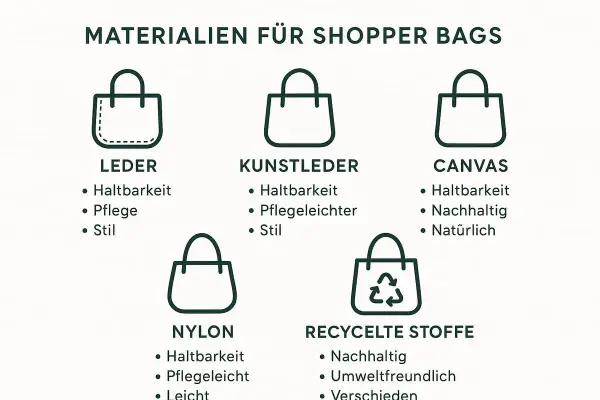 Materialien für Shopper Bags: Leder, Kunstleder, Canvas, Nylon und recycelte Stoffe. Was ist eine tote bag? Eine tote bag ist eine vielseitige Tasche aus diesen Materialien.